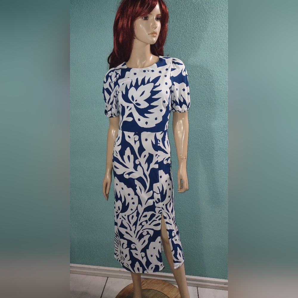 Boden Blue White Sz 4R Midi Stretch Cotton Blend Dress